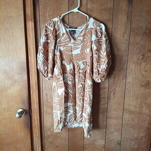 Millenium Women’s Puff Sleeve Dress Size Large Brown White Leaf Print